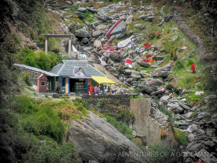 Monks drying their robes next to the No Name Cafe on the walk to the Bhagsu Waterfall