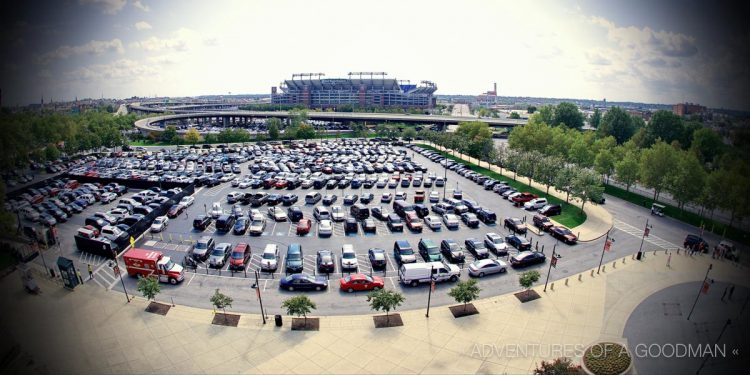 A view of the Camden Yards parking lot with M&T Bank Ravens Stadium beyond