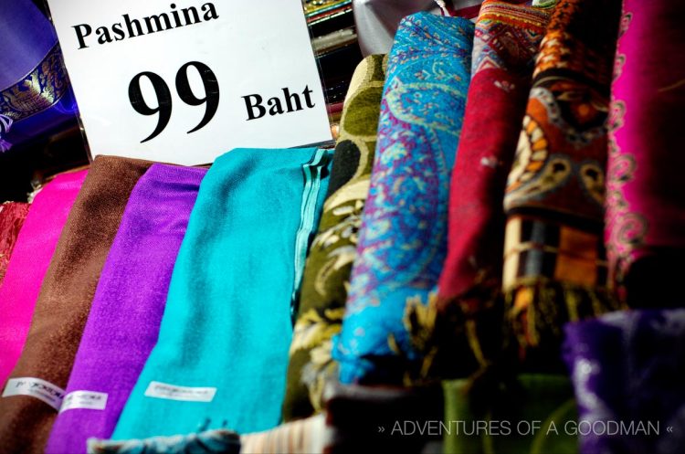 Pashmina Shawls cost $3 at the Sunday Walking Street Market in Chiang Mai, Thailand