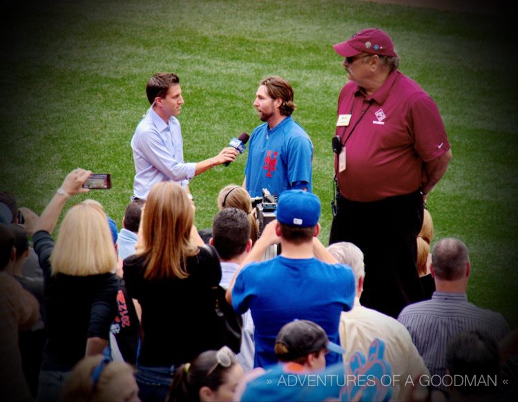 Kevin Burkhardt interviews RA Dickey after winning his 20th game on September 27, 2012 at Citi Field in Queens, New York