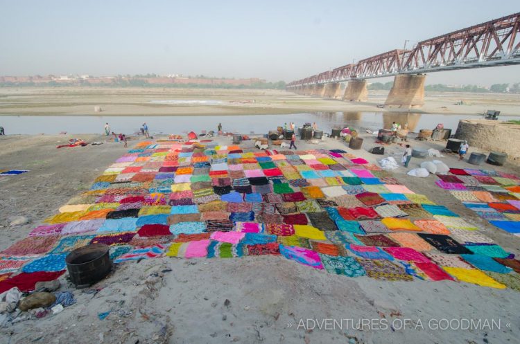 Saris drying alongside the Yamuna River in Agra, India
