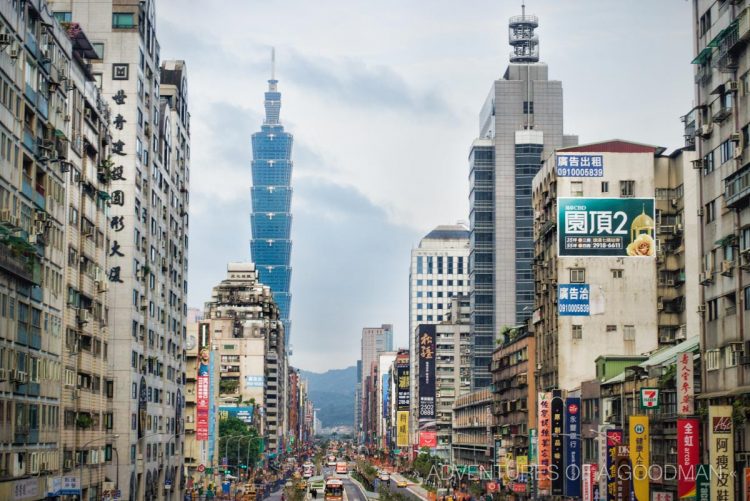 Taipei 101 towers above the Taipei skyline; as seen from the window of my train ride home