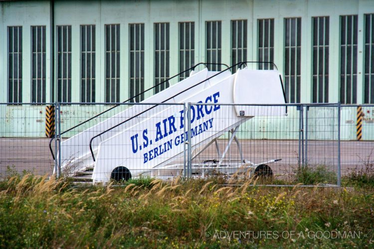 An old U.S. Air Force mobile stairs unit remains at the now-closed Tempelhofer Airport