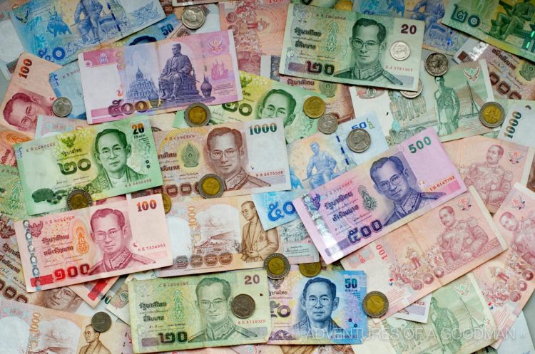 An assortment of Thai Baht bills and change