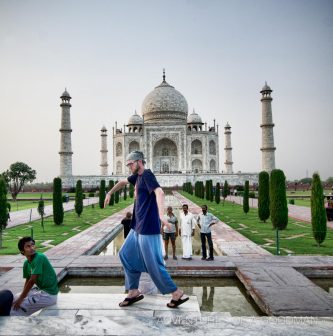 Indian tourists look on in disbelief as I masterfully moonwalk in front of the Taj Mahal