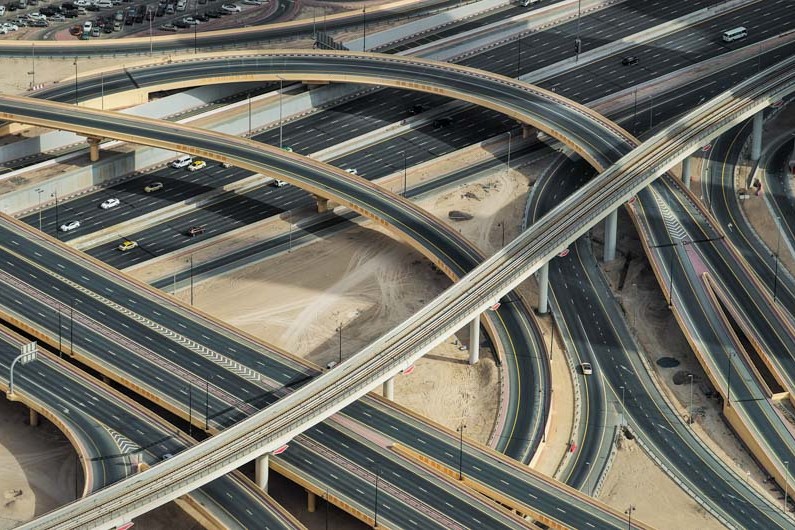 A cloverleaf traffic intersection in Dubai, UAE