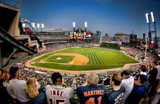 Fans watch a baseball game at Comerica Park