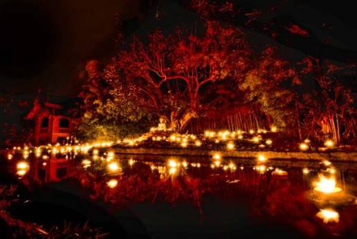 Candles and a Buddha statue reflect in the pond outside Wat Pan Tao in Chiang Mai