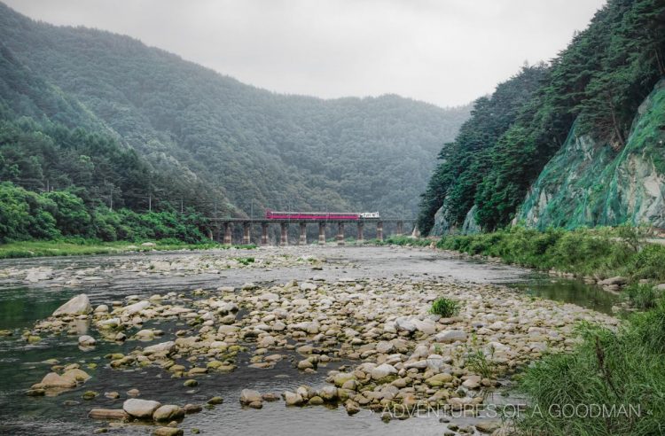 The V-Train traverses a river in the Baekdudaegan mountain range near Bunchen Station - South Korea