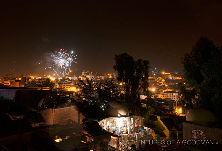 The town of Copacabana had frequent fireworks in the weeks leading up to the annual Festividad en Honor a la Virgen de la Candelaria.