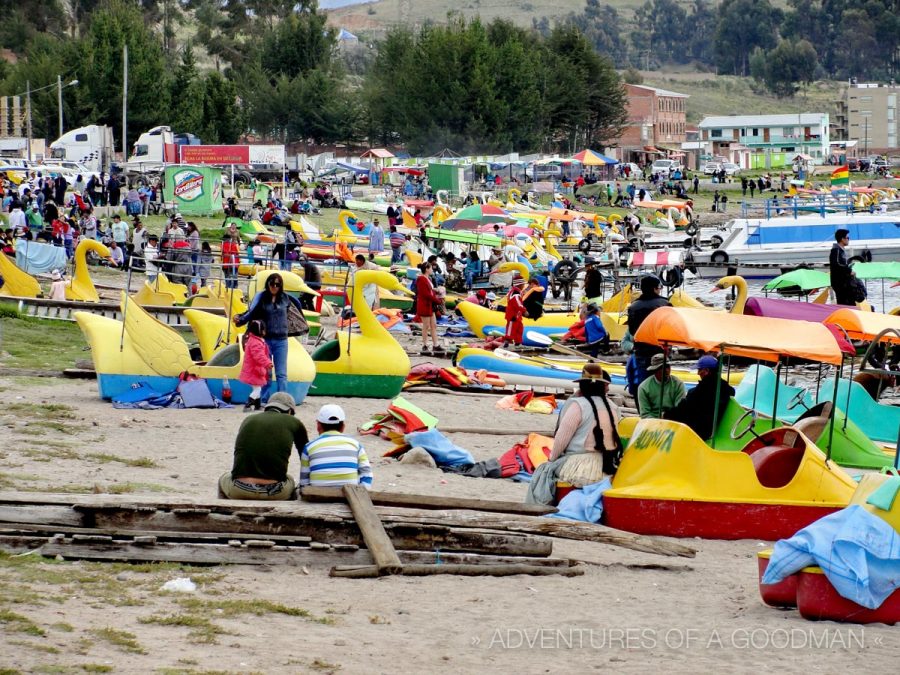 Copacabana's waterside is filled with boats for rent, fooseball tables, water sports and all sorts of food and drink vendors