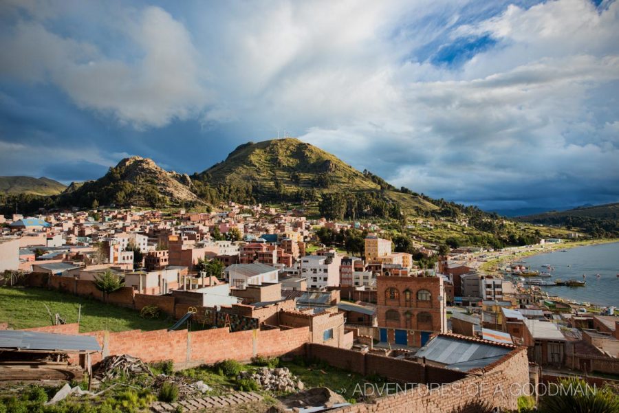 Copacabana, Bolivia, is surrounded by mountains and Lake Titicaca.