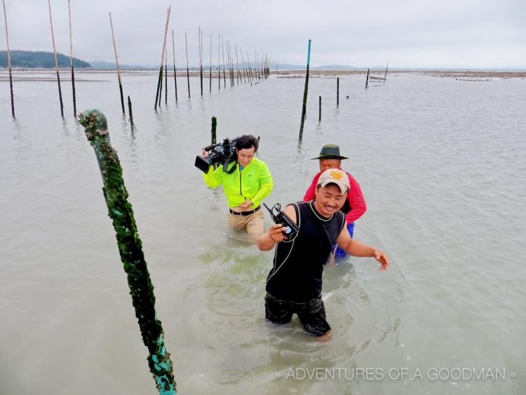 Jinseok Kang (Our cameraman), his assistant (Oyoung Kwon) and the fisherman (Jaesun Son) wading their way back to land