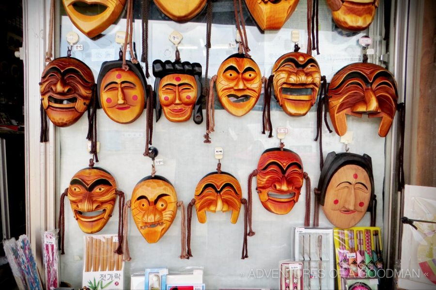 A selection of Pyolshin-Gut masks for sale in Hahoe village, Andong, South Korea