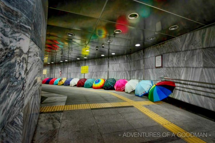 Umbrellas for sale in the Gwanghwamun Station of the Seoul Metro Line 5