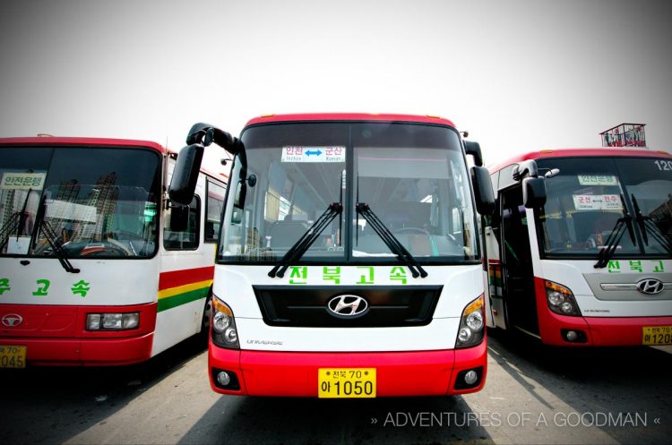 Buses line up in the terminal parking lot before pulling up to the loading zone