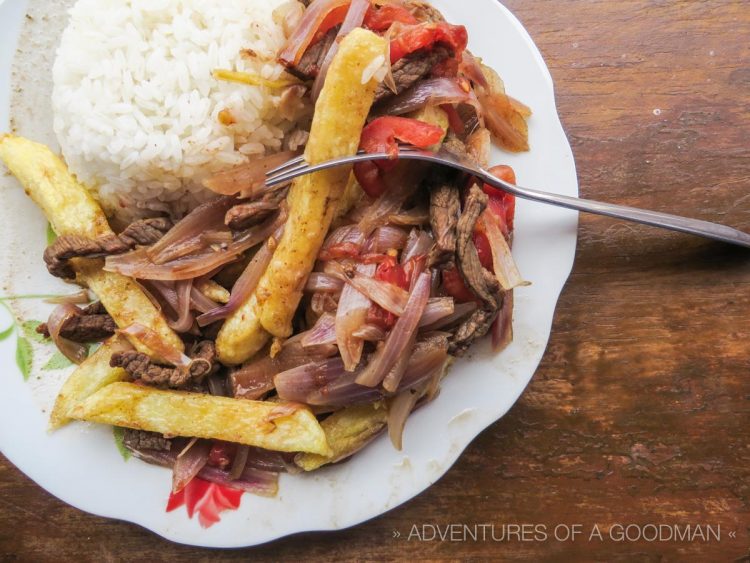 A plate of lomo saltado in Ollantaytambo, Peru