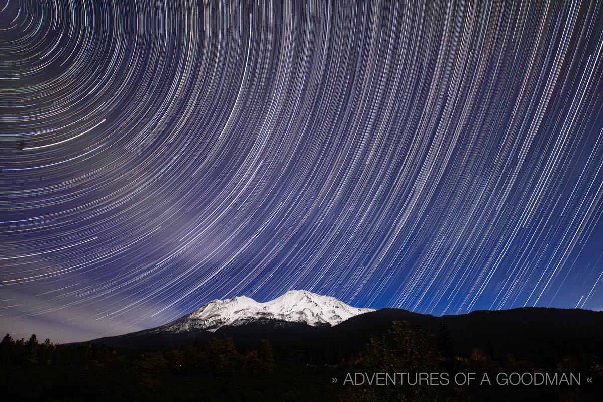 2.5 hours of stars moving across the night sky above Mount Shasta, California