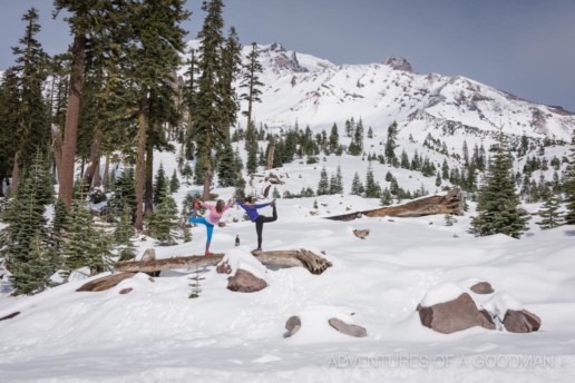 Carrie and Naomi do a little yoga on the hike up Mt. Shasta