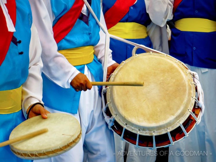 A closeup of the Nongak's drums, which are called Jang Goo and book in Korean