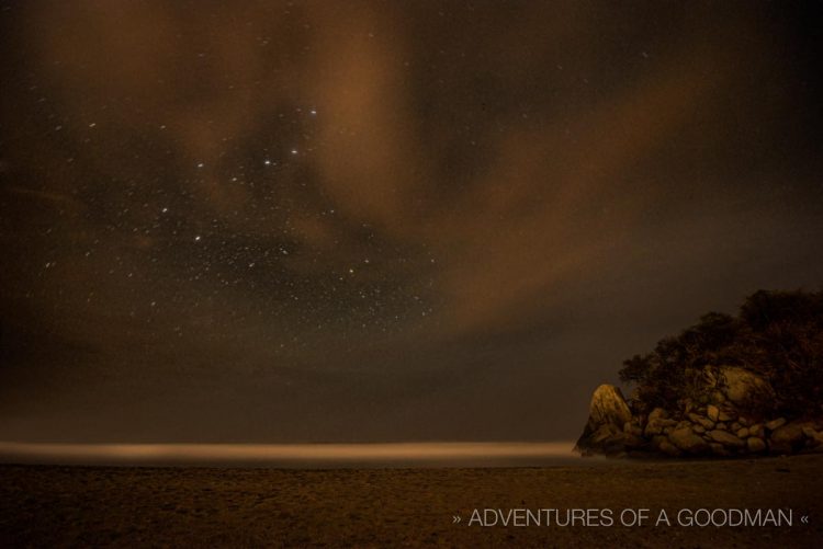 A 3 minute exposure of the stars above Playa Arrecifes in Tayrona National Park, Colombia