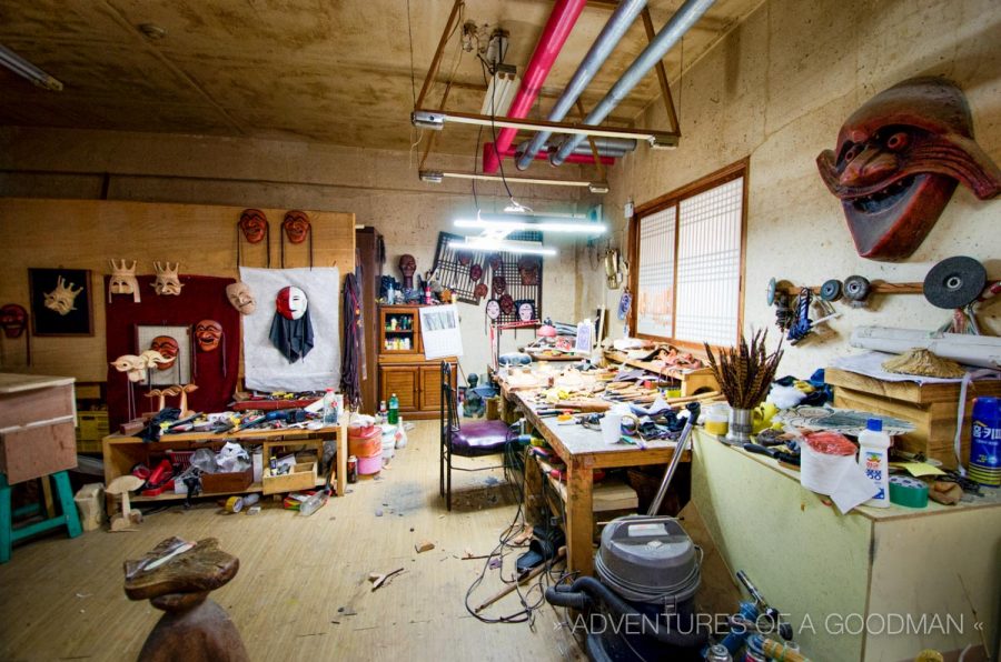 A wide angle view of Kim Dong-pyo's workshop at the Hahoe Mask Museum in Andong, South Korea