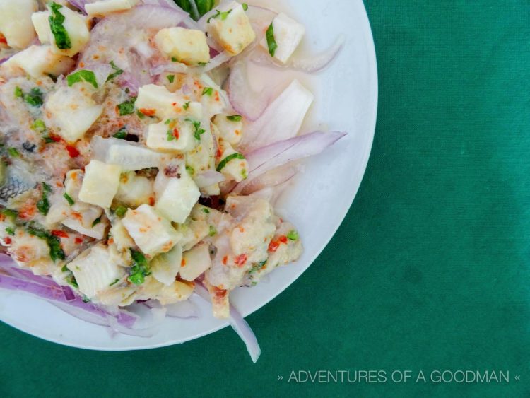 Ceviche for sale in a restaurant in Lima, Peru