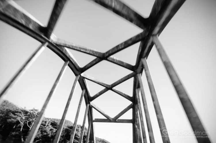 The blur in this photo of the Big Creek Bridge comes from the curve of the top of the car window.