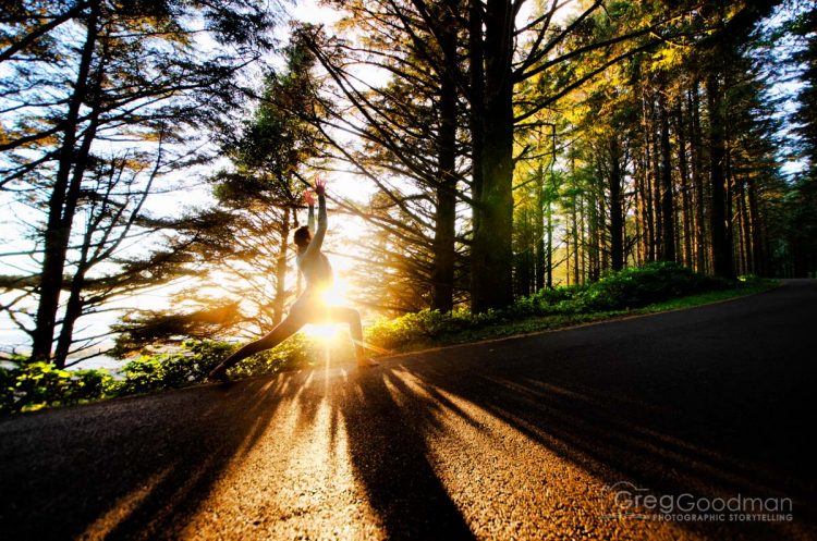 Carrie does yoga at Heceta Head in Oregon