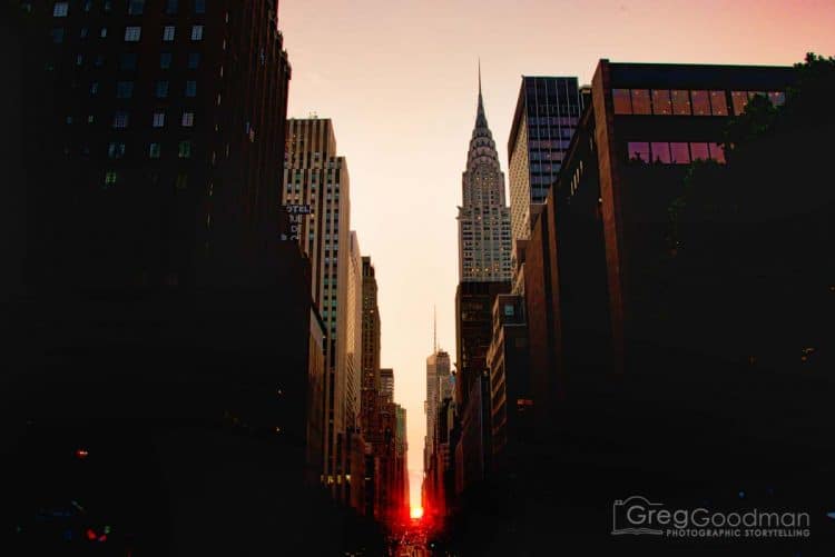 Manhattanhenge's moment of glory: shining across the Chrysler Building and down 42nd Street.