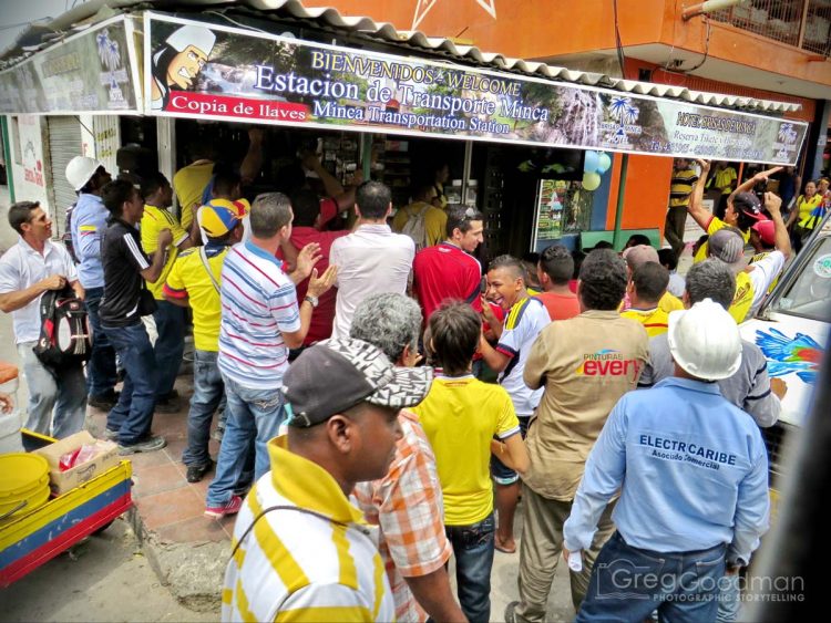 Watching World Cup games is a community event in Colombia; as locals seek out any TV they can find.