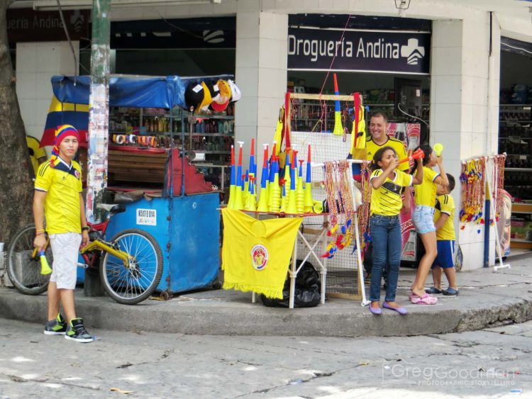 A table of World Cup merchandise for sale in Santa Marta, Colombia