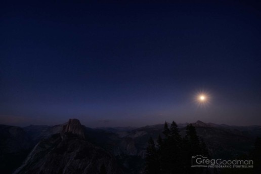 A full moon alongside Half Dome in Yosemite National Park in August