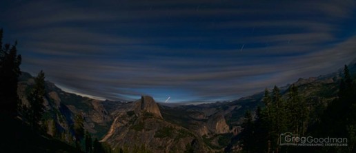 A 10 minute exposure of the night sky over Half Dome on a full moon night in August