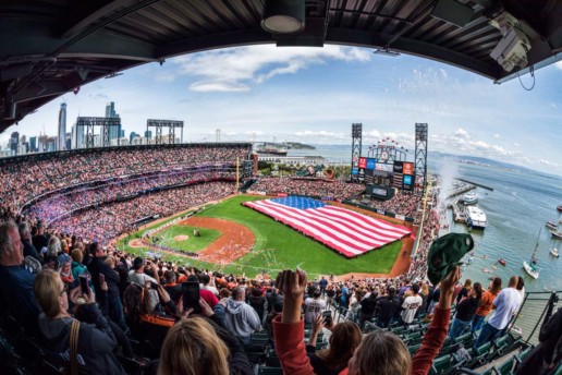 AT&T Park and the America Flag, as seen from the last row of the right field upper deck on opening day, 2017