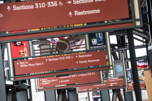 Seating signs dominate the upper deck ceilings at AT&T Park