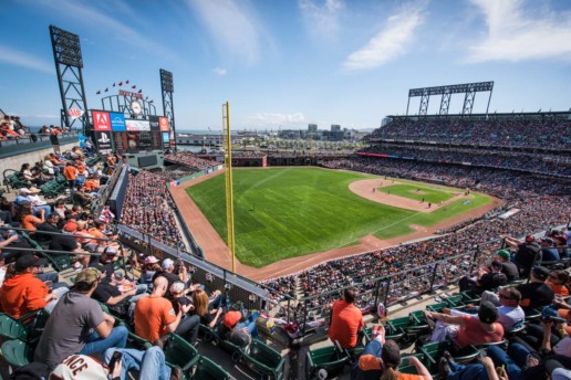 A view of AT&T Park from the left field upper deck during Opening Day 2017