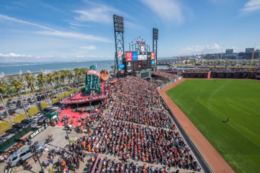 A view of the outfield bleacher seats at AT&T Park, as seen from the upper deck