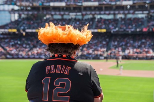 A superfan wears a Joe Panik jersey at AT&T Park