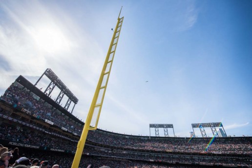 The right field foul pole and upper deck seats at AT&T Park
