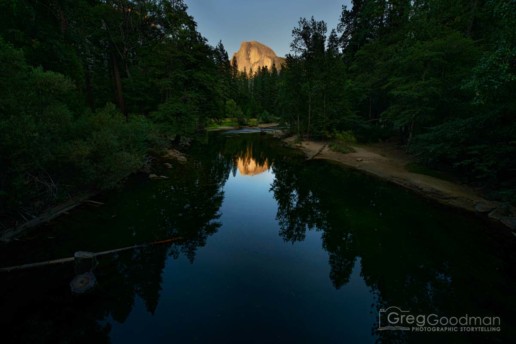 Sunset over Half Dome and the Sentinel Bridge in Yosemite Valley