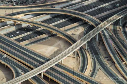 This cloverleaf traffic intersection sends thousands of cars into Downtown Dubai on a daily basis