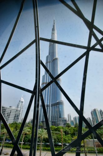 Looking at the Burj Khalifa through a very dirty window in the Dubai Mall Metro Link