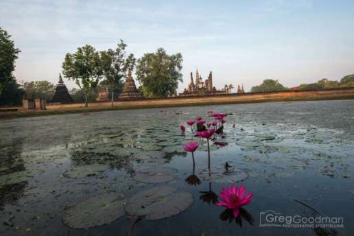 Dawn at Sukhothai, as Wat Mahathat reflects in the outer moat