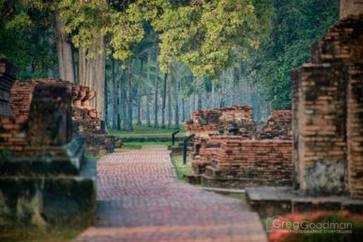 Early morning inside Wat Si Sawai in Sukhothai, Thailand