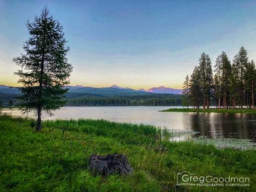 Sunset over Seeley Lake and the mountains beyond.