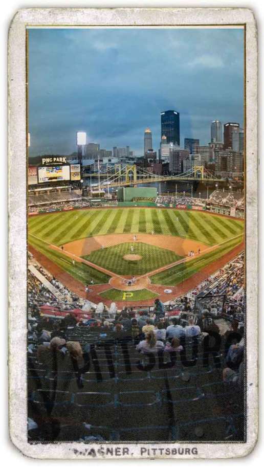 The 1909 T206 Honus Wagner tobacco card - with PNC Park in Pittsburgh overlaid
